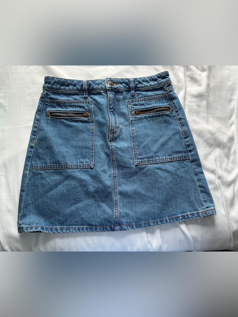 LOFT Medium Blue Denim A-Line Skirt with Zip Pockets